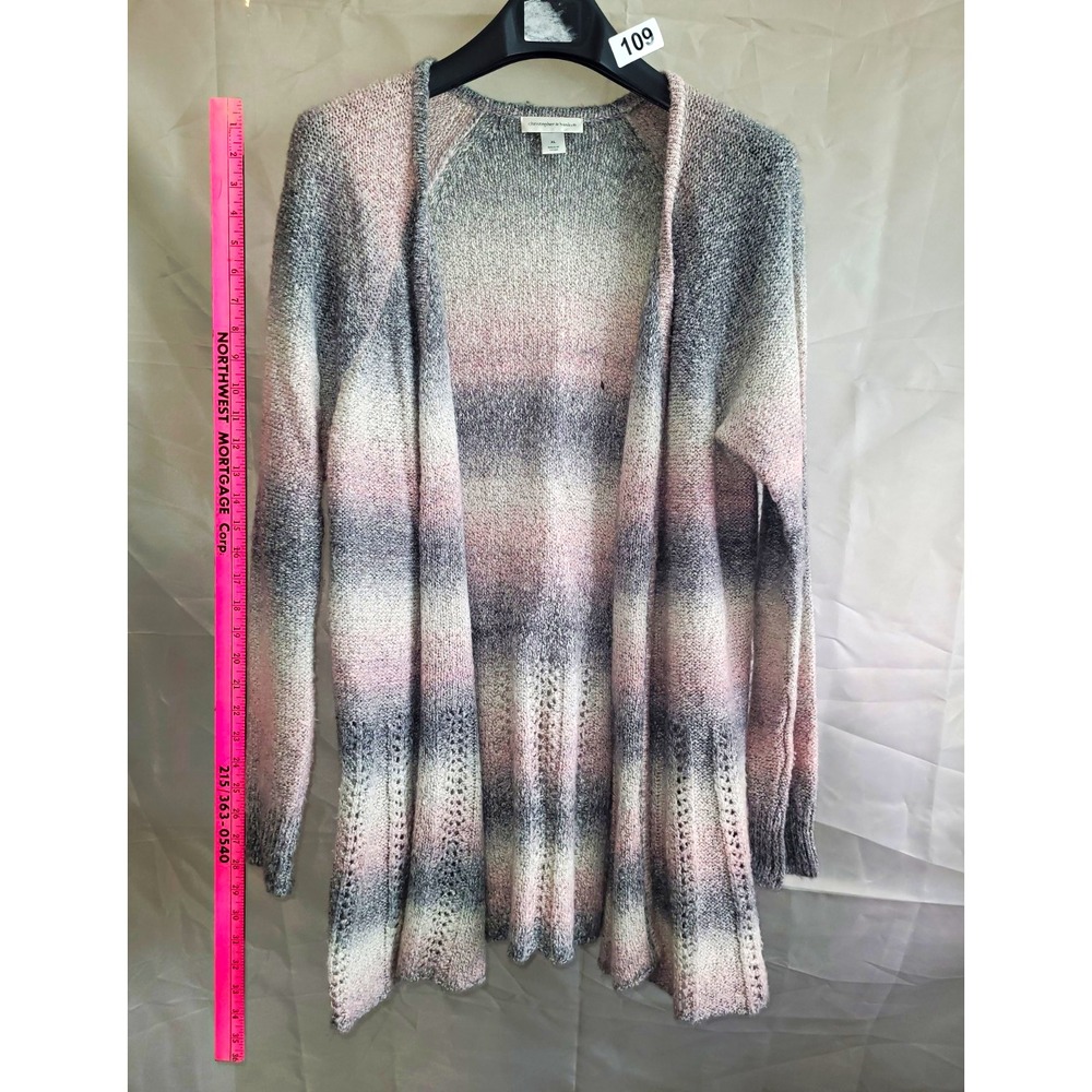 Christopher & Banks Gray Pink Ivory Striped Knit Cardigan Sweater Womens XL